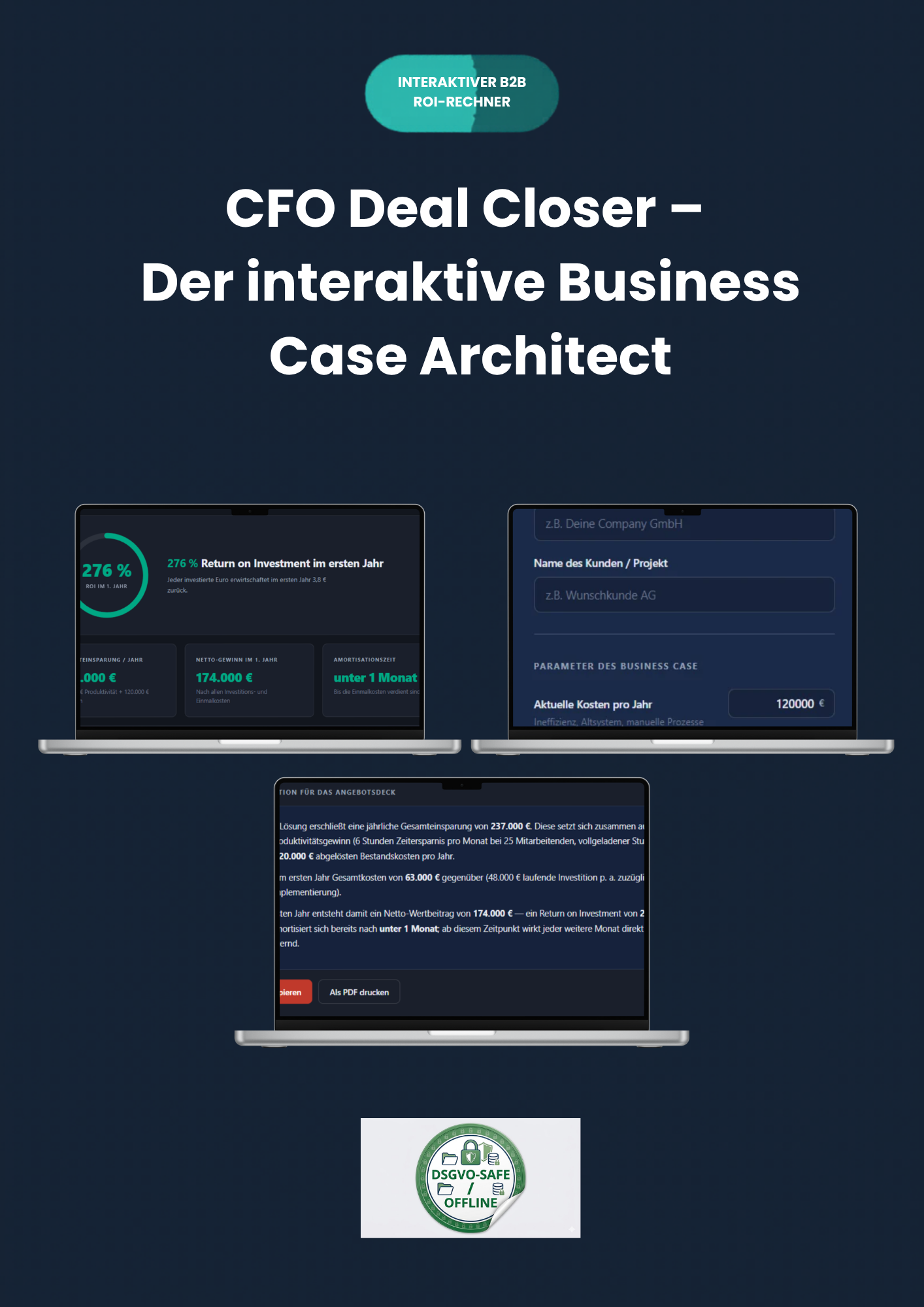 CFO Deal Closer – Interaktive ROI-Rechner Web-App für Key Account Manager: Live-Dashboard mit ROI-Siegel, Amortisationszeit und CFO-Argumentationstext