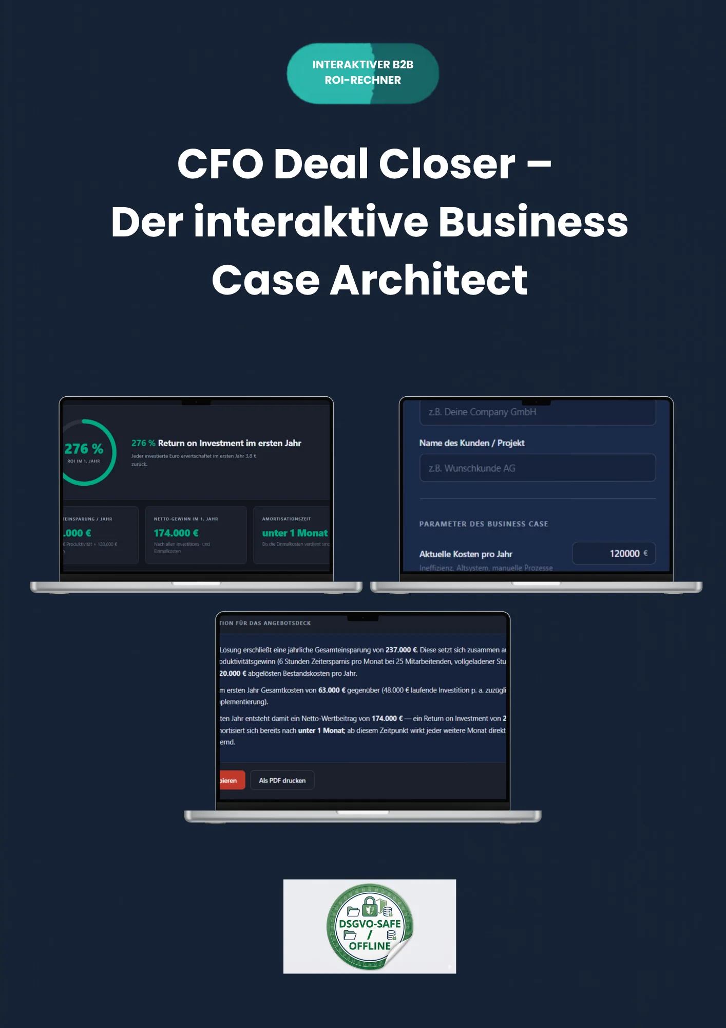 CFO Deal Closer – Interaktive ROI-Rechner Web-App für Key Account Manager: Live-Dashboard mit ROI-Siegel, Amortisationszeit und CFO-Argumentationstext
